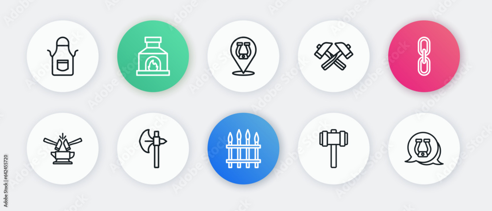 Set line Classic iron fence, Chain link, Anvil and hammer, Sledgehammer, Crossed, Horseshoe, and Medieval axe icon. Vector