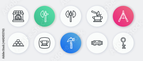 Set line Hammer, Air blower bellows, Gold bars, Welding glasses, Anvil and hammer, Medieval poleaxe, Old key and Blacksmith anvil tool icon. Vector