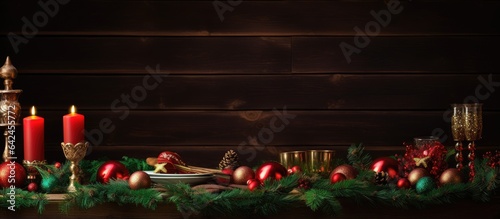 Christmas themed table decorated with garland green spruce and corresponding dinnerware