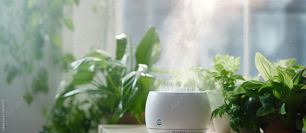 Air purifier and humidifier provides cold steam to hydrate green houseplants contributing to a healthy lifestyle by ensuring care and moisture in dry air as well as fresh air cleanliness and du - obrazy, fototapety, plakaty 