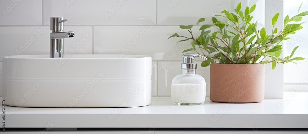 Close up of sink soap dispenser and chest of drawers with bars in the bathroom Close up of sink soap dispenser and chest of drawers with bars in the bathroom