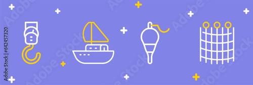 Set line Fishing net pattern, float, Yacht sailboat and Spring scale icon. Vector