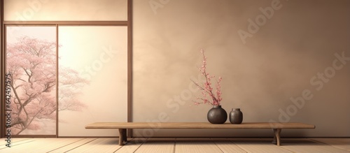 a Zen style Japanese room with tatami mat and traditional decorations