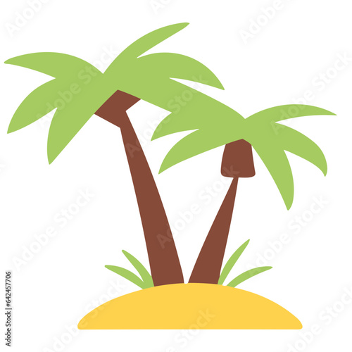 A serene scene featuring a tall tree, a palm tree, and another palm tree side by side