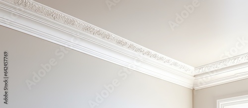 Complex shaped white stretch ceiling with intricate crown molding detail in an empty apartment or house