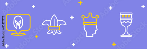 Set line Medieval goblet, King crown, Fleur de lys or lily flower and helmet icon. Vector
