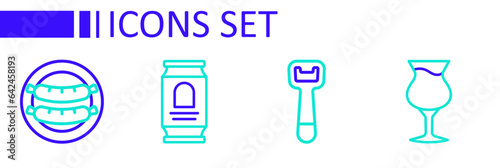 Set line Glass of beer, Bottle opener, Beer can and Sausage icon. Vector