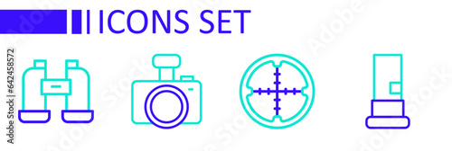 Set line Cartridges, Sniper optical sight, Photo camera and Binoculars icon. Vector