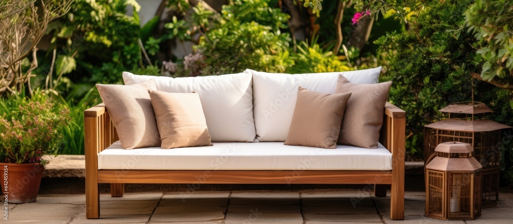 Cream cotton cushions on an empty brown wooden sofa in the garden