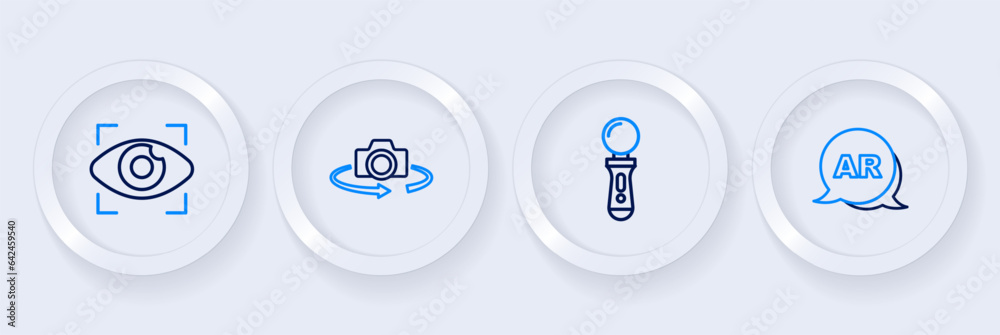Set line Augmented reality AR, VR controller game, 360 degree view and Big brother electronic eye icon. Vector Set line Augmented reality AR, VR controller game, 360 degree view and Big brother electronic eye icon. Vector