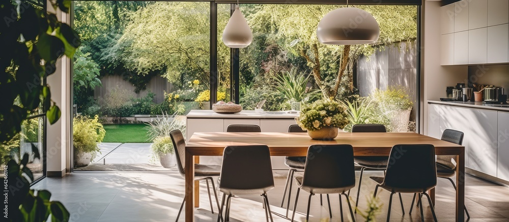 Dining table chair in stylish kitchen with open terrace door and potted plants on sunny day