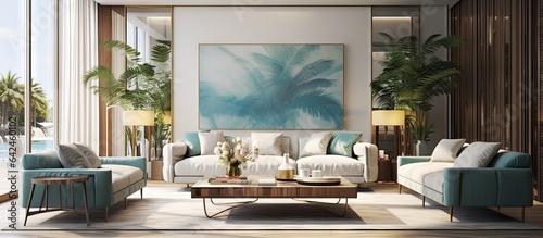 A lavish and trendy apartment in Miami is depicted in a detailed illustration