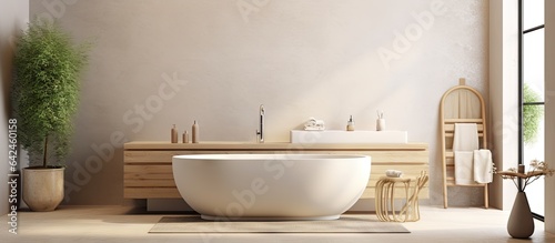 Contemporary bathroom design with organic sustainable furniture and luxury style