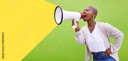 Bilde på lerret Black woman, megaphone and shouting on mockup space in advertising or marketing against a studio background