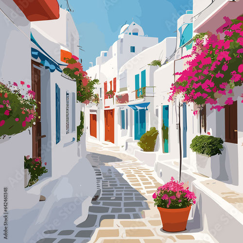 White-washed Mediterranean village street with traditional houses, vibrant flowers, and charming architecture in Oia, Santorini, Greece