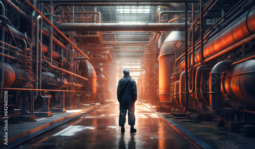 Industrial worker amidst pipes, a glimpse into manufacturing processes