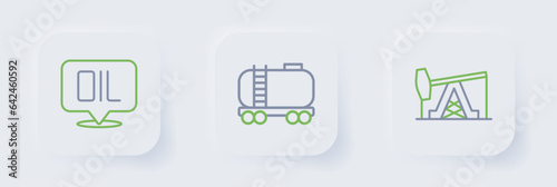 Set line Oil pump or pump jack, railway cistern and Word oil icon. Vector