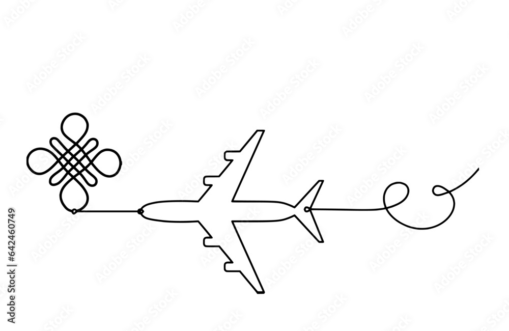 Sign of endless auspicious knot with plane as line drawing on the white background Sign of endless auspicious knot with plane as line drawing on the white background