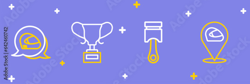 Set line Racing helmet, Engine piston, Award cup and icon. Vector