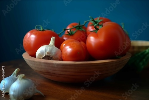 Tomatoes in a wooden bowl on a blue background 