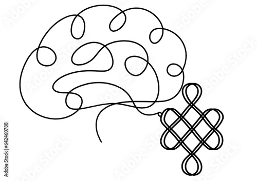 Sign of endless auspicious knot with  brain as line drawing on the white background