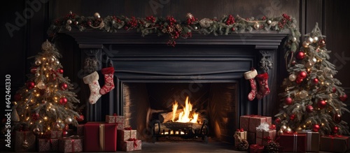 Christmas decorations on fireplace mantel