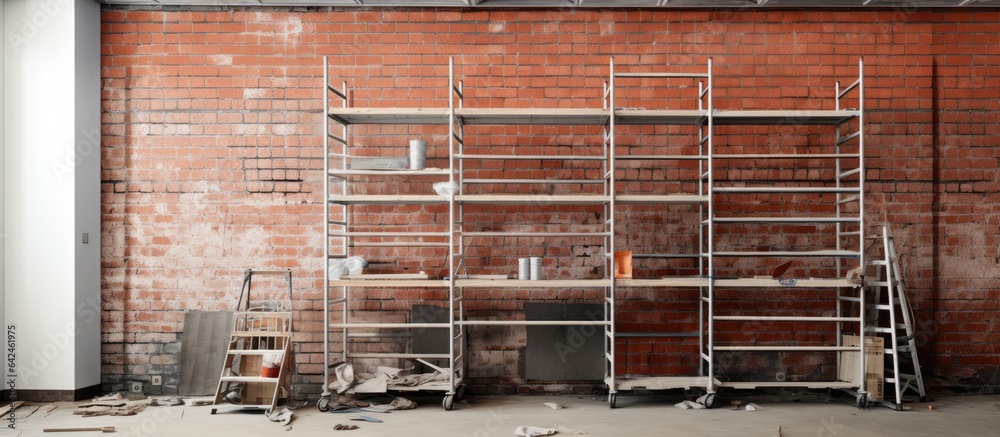 Decorative brick and tile leveling system used inside for scaffolding near a wall Decorative brick and tile leveling system used inside for scaffolding near a wall