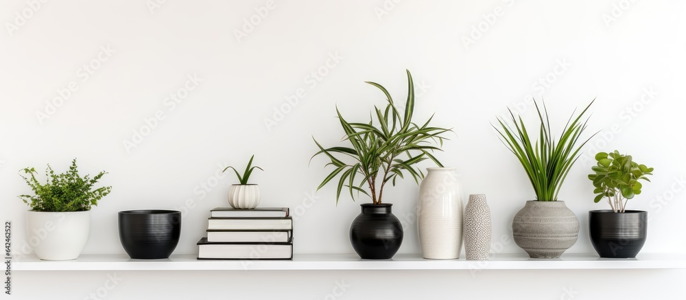 Contemporary monochrome interiors adorned with plants on a shelf Shelf against a wall Banner with empty area