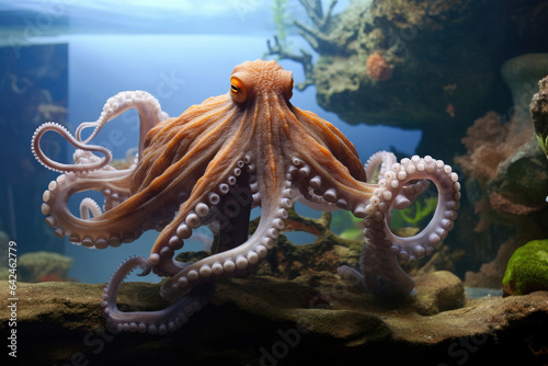 Octopus in an aquarium with long tentacles