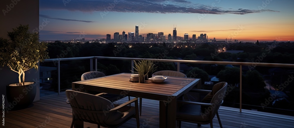 Dusk interior photograph of a contemporary city apartment balcony with outdoor furniture and distant trees