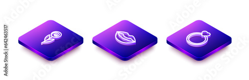 Set Isometric line Flower, Smiling lips and Diamond engagement ring icon. Vector