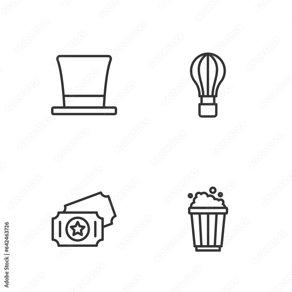Set line Popcorn in cardboard box, Circus ticket, Cylinder hat and Hot air balloon icon. Vector Set line Popcorn in cardboard box, Circus ticket, Cylinder hat and Hot air balloon icon. Vector
