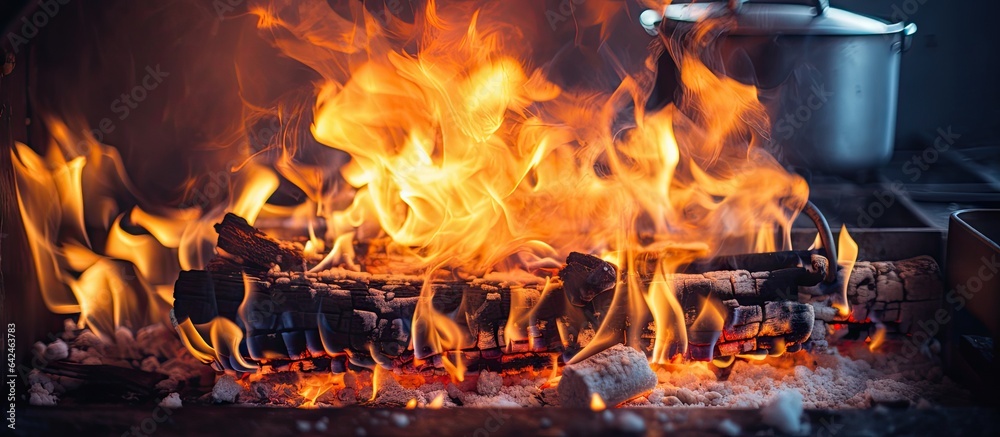 Detailed view of blazing fire in oven Detailed view of blazing fire in oven