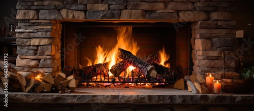 Cosy interior decoration in house with warm orange flame from burning logs in brick fireplace