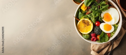 Aerial perspective of home breakfast in bowl on table
