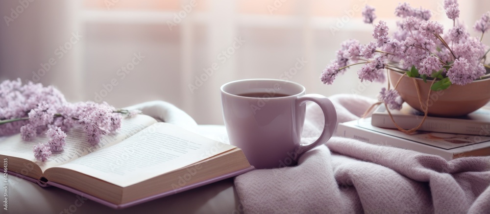Cozy spring concept displayed in a living room with books sweaters cup of tea lilac flowers and spring decor Cozy spring concept displayed in a living room with books sweaters cup of tea lilac flowers and spring decor