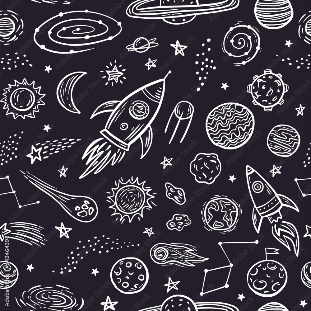 Vector pattern of space objects and symbols, hand-drawn in the style of doodles