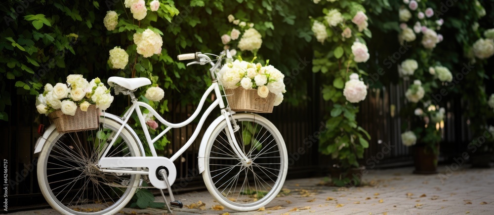 A white bike adorned with floral baskets and fake ivy