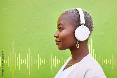 Canvas Print Radio headphones, profile and black woman listening on green wall background mockup space