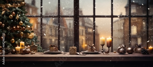 Blurred Christmas tree and decorated window against table with space