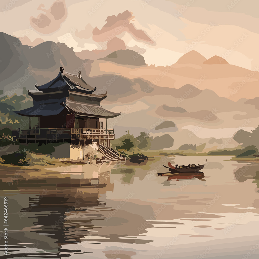 Morning serenity in an Asian garden with traditional house and temple Morning serenity in an Asian garden with traditional house and temple