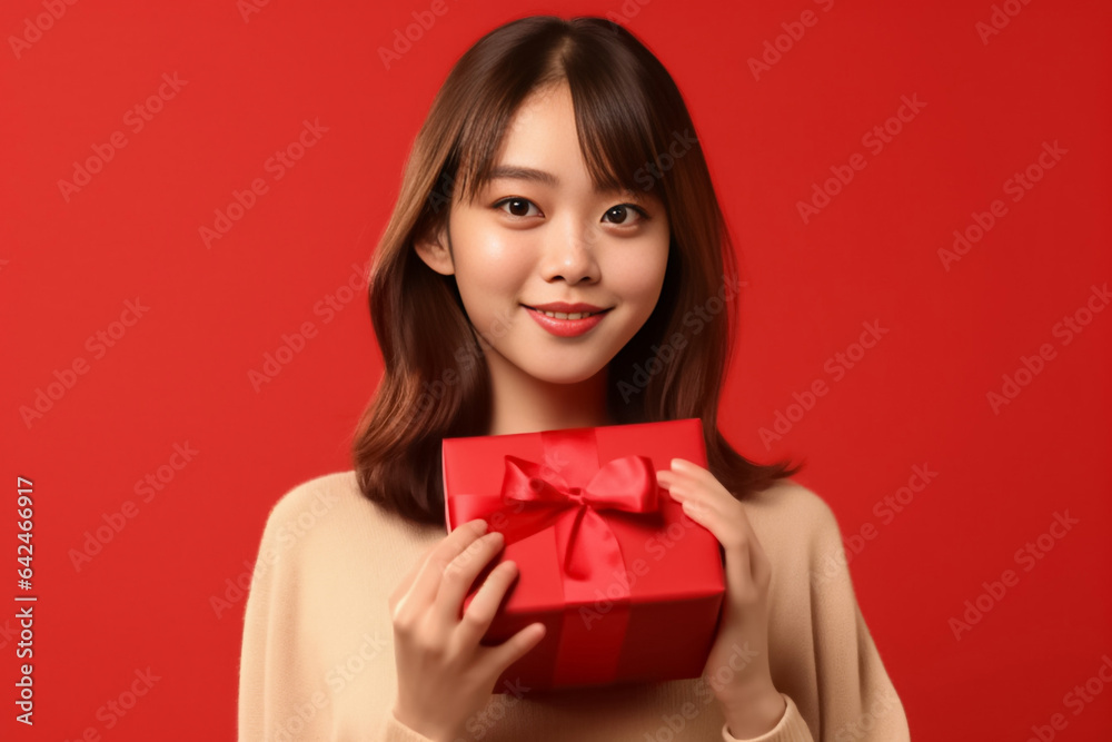 An Asian woman in a red uniform prepares a package for delivery next to a parcel post box. This image features a cheerful delivery woman against a vibrant red background. Generative AI. An Asian woman in a red uniform prepares a package for delivery next to a parcel post box. This image features a cheerful delivery woman against a vibrant red background. Generative AI.