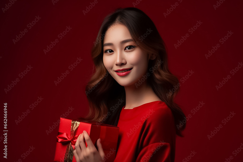An Asian woman in a red uniform prepares a package for delivery next to a parcel post box. This image features a cheerful delivery woman against a vibrant red background. Generative AI.