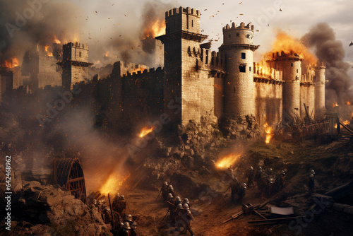 Medieval castle under siege by a medieval army.  photo