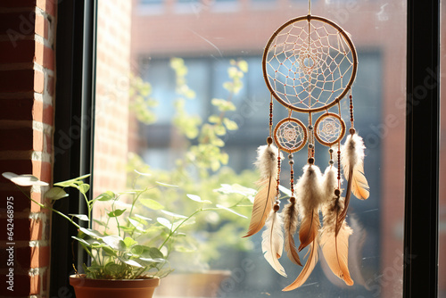 Dream catcher hanging in a home window. photo