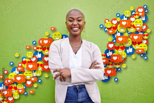 Social media, emoji icon or influencer woman arrow for like, love reaction or follow growth. Happy african person on green wall for fan page, content creator app or communication notification overlay
