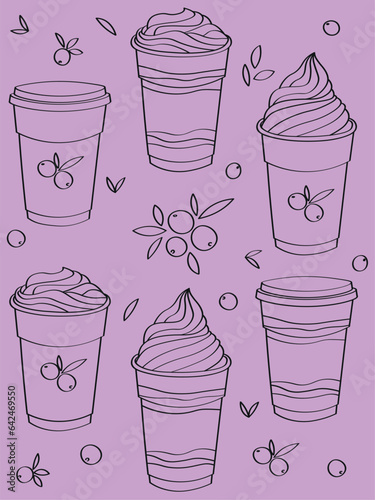 Acai, açaí berry brazilian ice cream in plastic cup. Black line drawing vector illustration set.