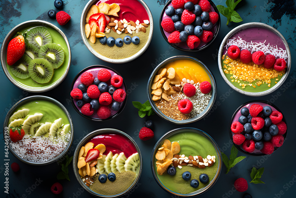 Bright and appetizing smoothies with lots of fruit, toppings, and flavorful condiments. Bright and appetizing smoothies with lots of fruit, toppings, and flavorful condiments.