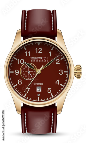 Realistic watch clock chronograph face gold dark red leather strap on white design classic luxury for men vector