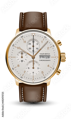 Realistic watch clock chronograph face gold brown leather strap on white design classic luxury vector